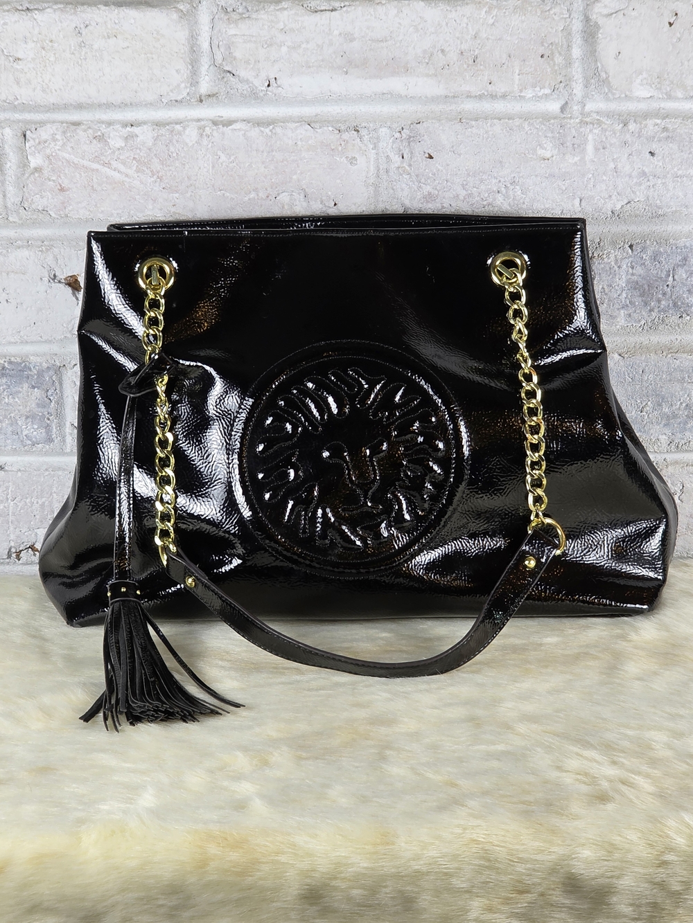 Anne Klein Black Patent Shoulder Bag with Gold Chain Handles
